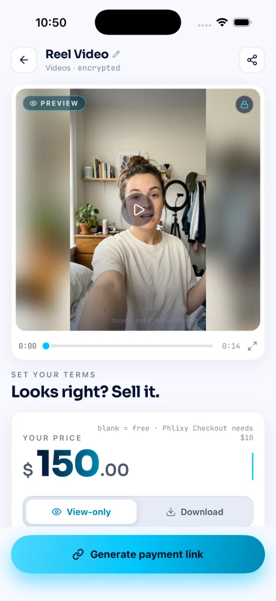 Phlixy sell screen. A creator prices a reel at 150 dollars and generates a payment link.